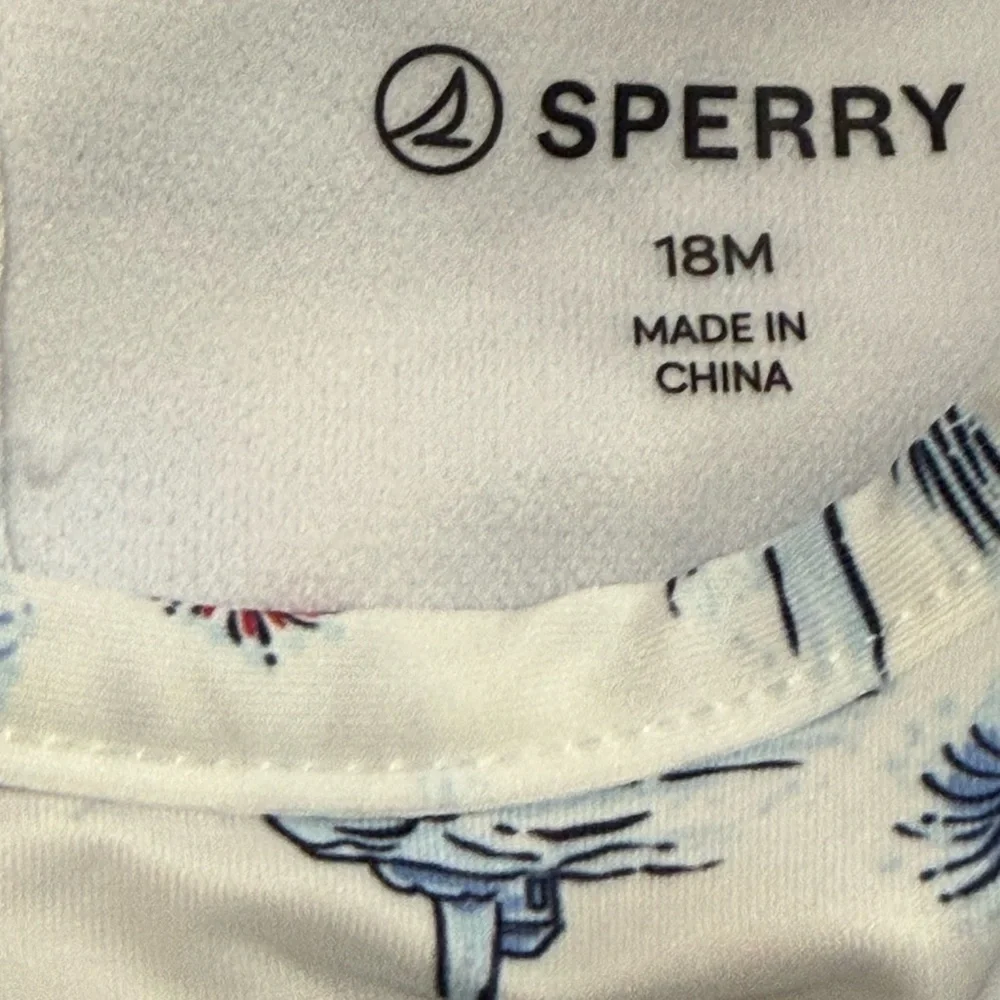 Infant Girl 18M Sperry Nautical One Piece Rashguard & Hat Set - Blue Red - NWT